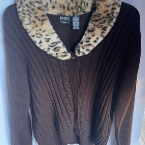 Petite XL brown cardigan with faux fur collar